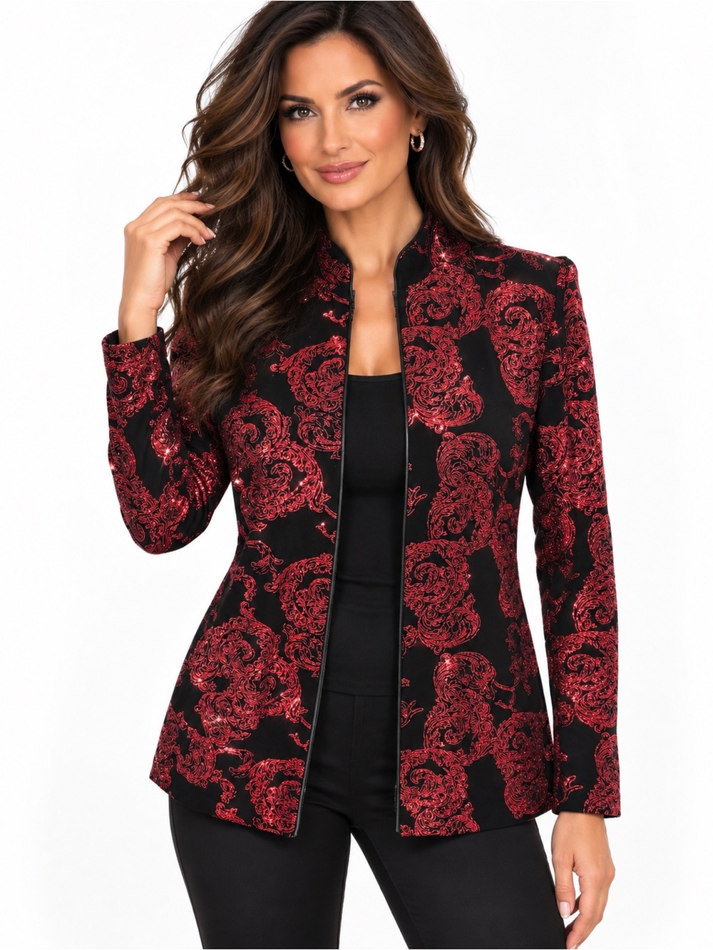 Alex Evenings Size L Black Red Paisley Sparkle Zip Front Evening Jacket